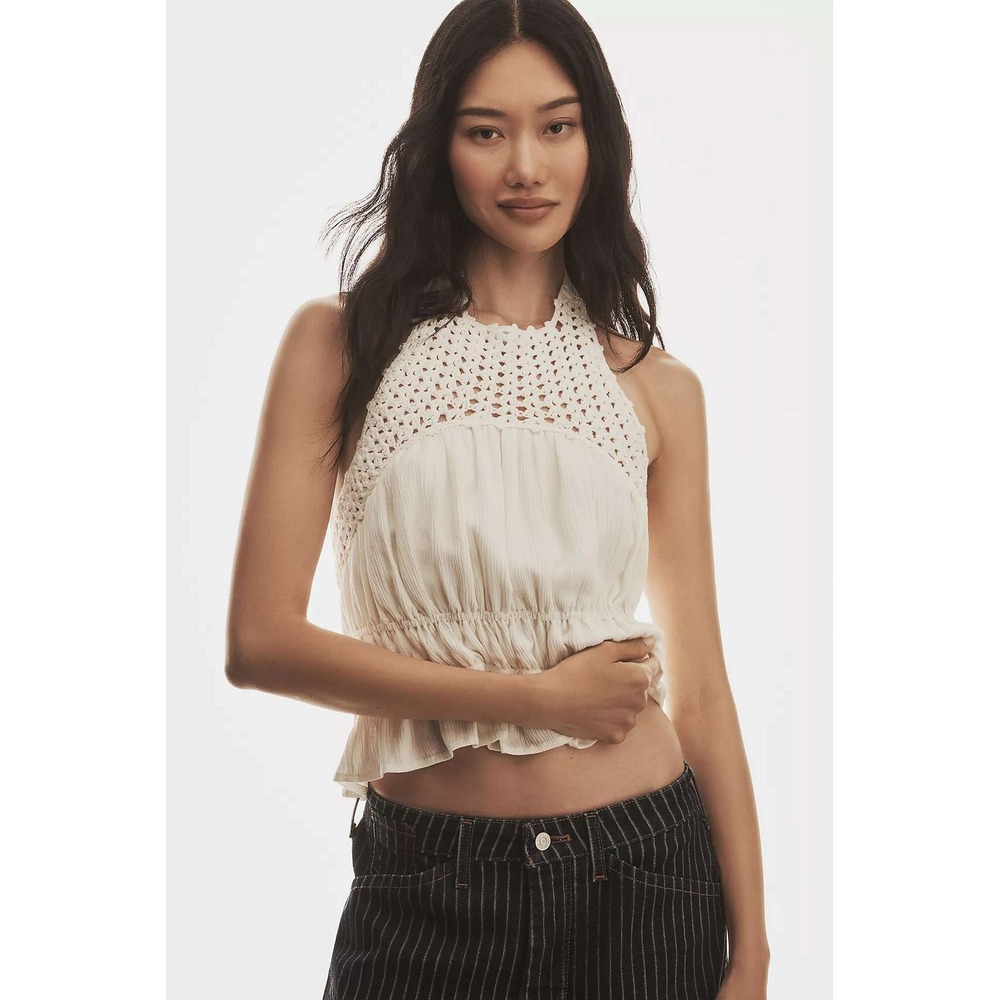 Anthropologie Sarah Hann Ruched Halter Tank‎ Cream Romantic Cottagecore NWT M